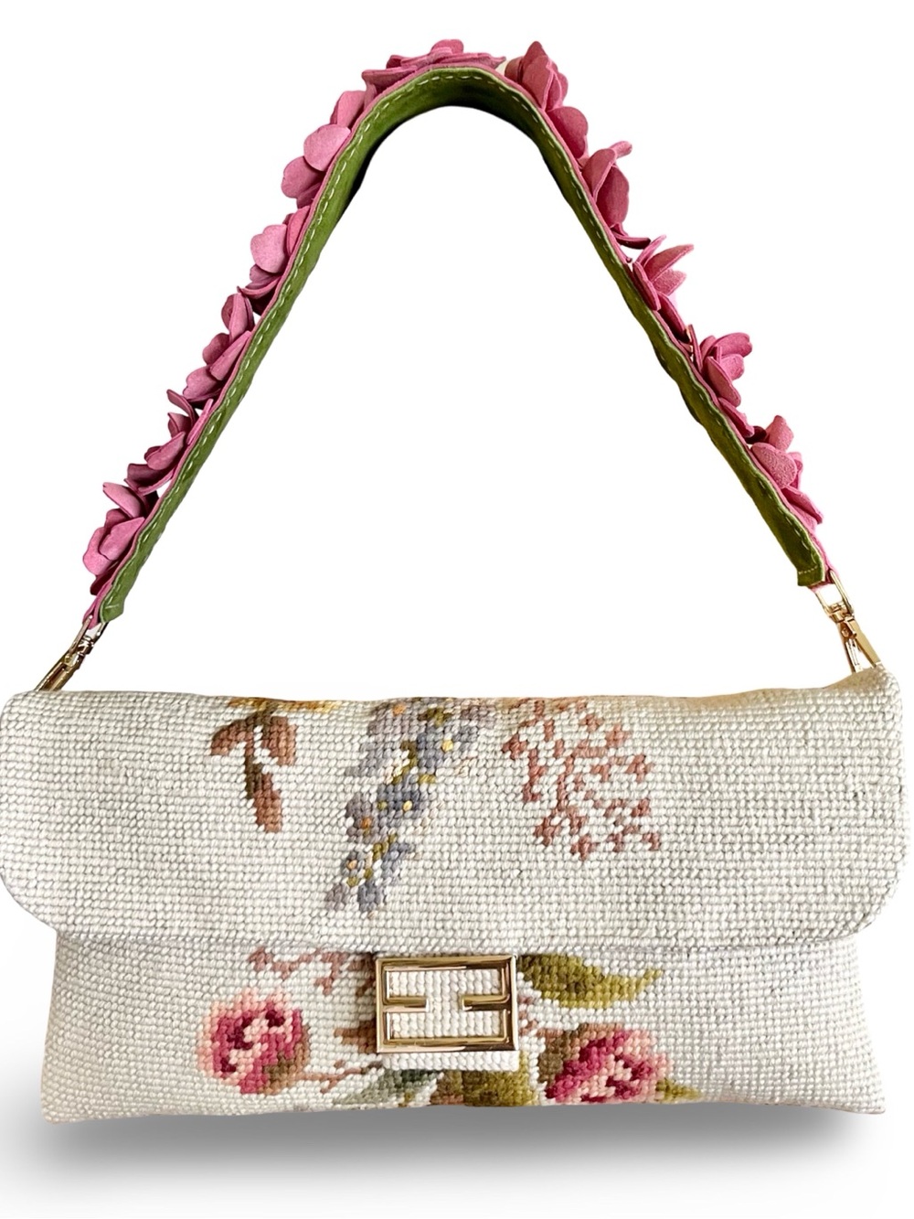 Needlepoint Baguette Clutch Bag with 3D Pink Leather Flower Strap